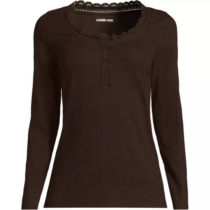 Women's Long Sleeve Variegated Micro Rib Lace Trim Scoop Neck Top, Front