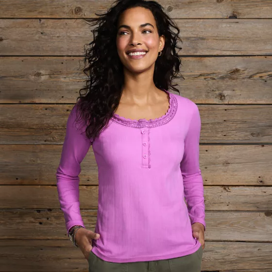 Women's Long Sleeve Variegated Micro Rib Lace Trim Scoop Neck Top - primary