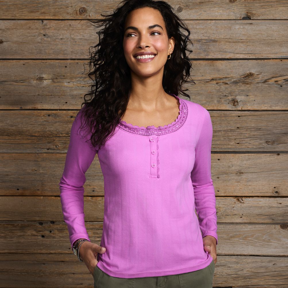 Women's Long Sleeve Variegated Micro Rib Lace Trim Scoop Neck Top
