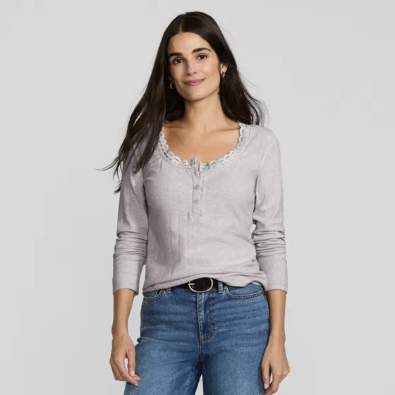 Women's Long Sleeve Variegated Micro Rib Lace Trim Scoop Neck Top - primary