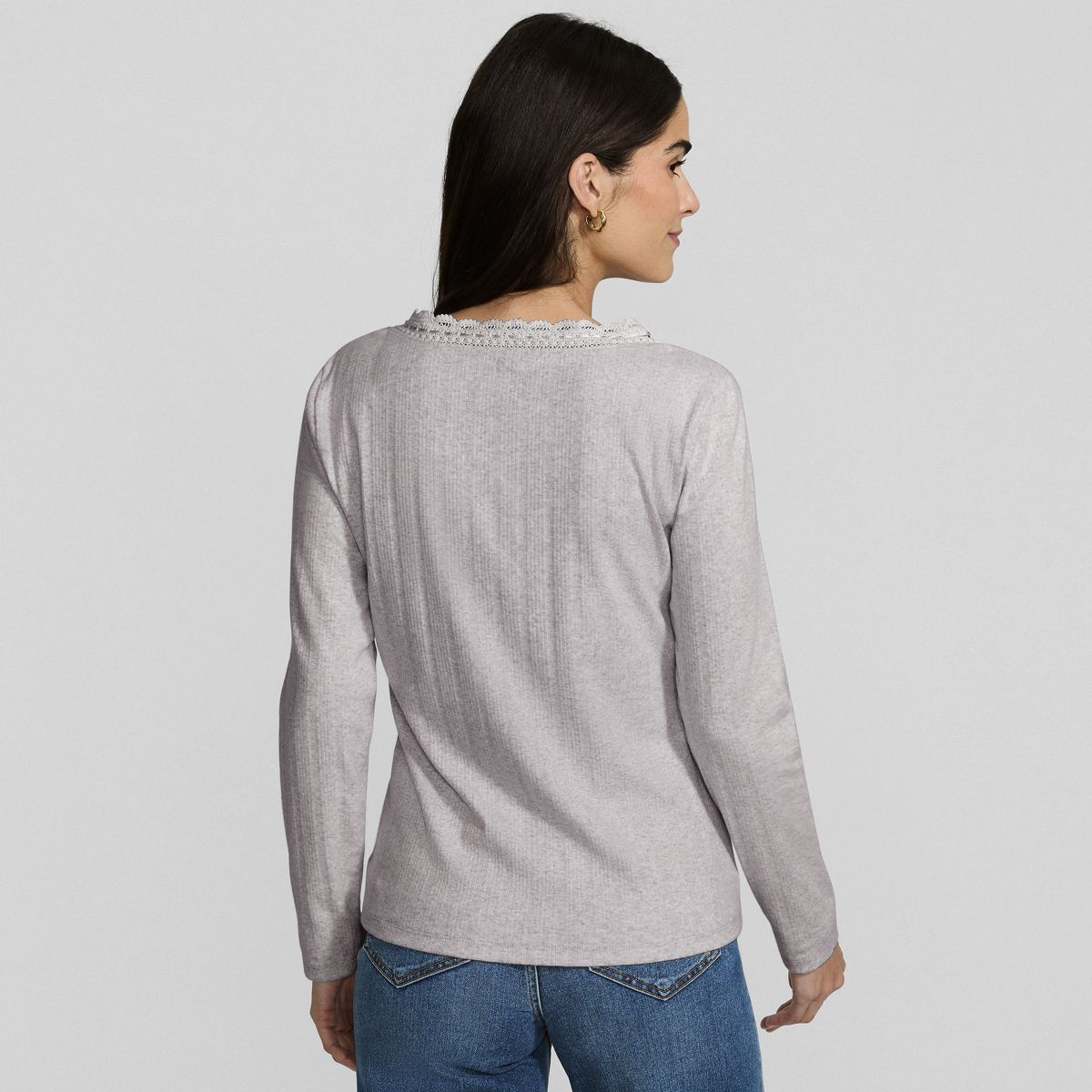 Women's Long Sleeve Variegated Micro Rib Lace Trim Scoop Neck Top