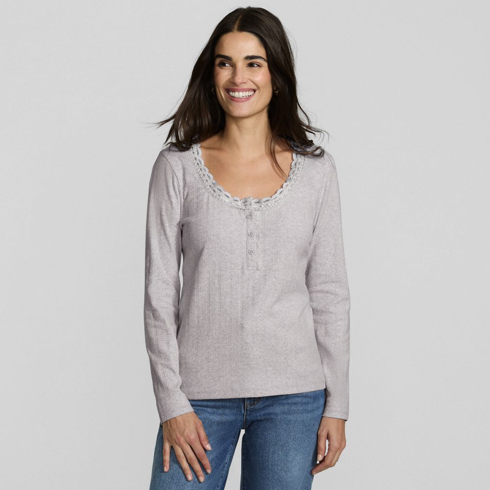 Women's Long Sleeve Variegated Micro Rib Lace Trim Scoop Neck Top