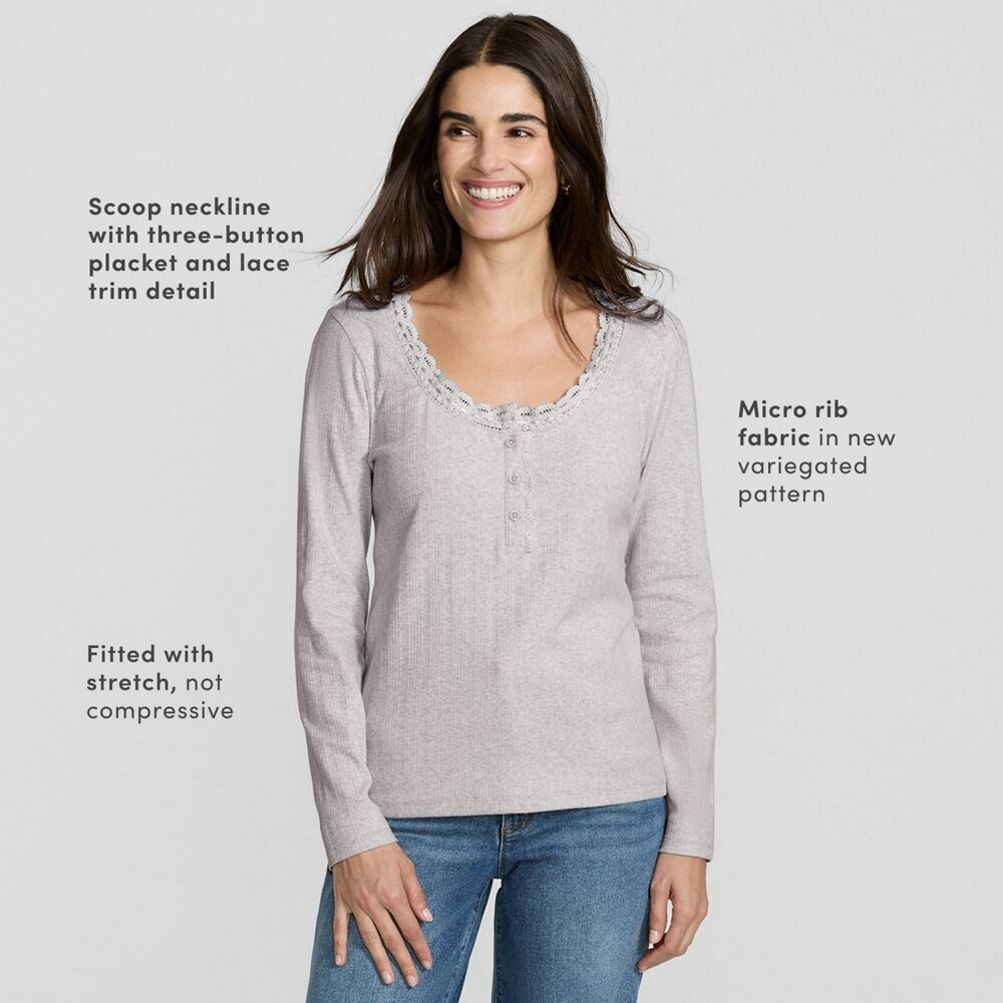 Women's Long Sleeve Variegated Micro Rib Lace Trim Scoop Neck Top