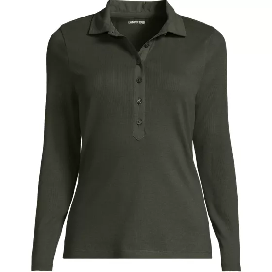Women's Petite Long Sleeve Micro Rib Woven Collar Polo - primary