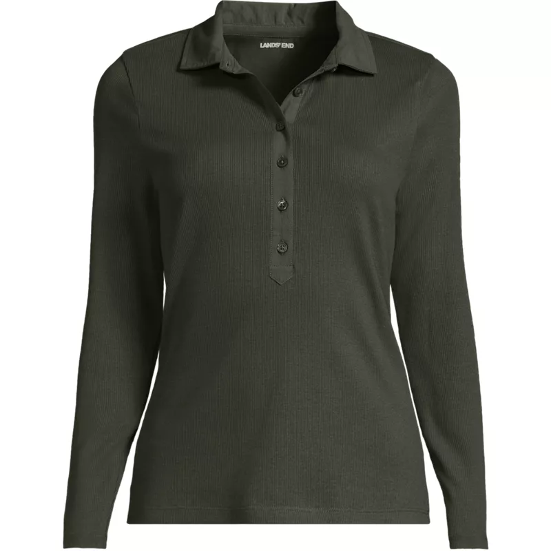 Women's Long Sleeve Micro Rib Woven Collar Polo, Front