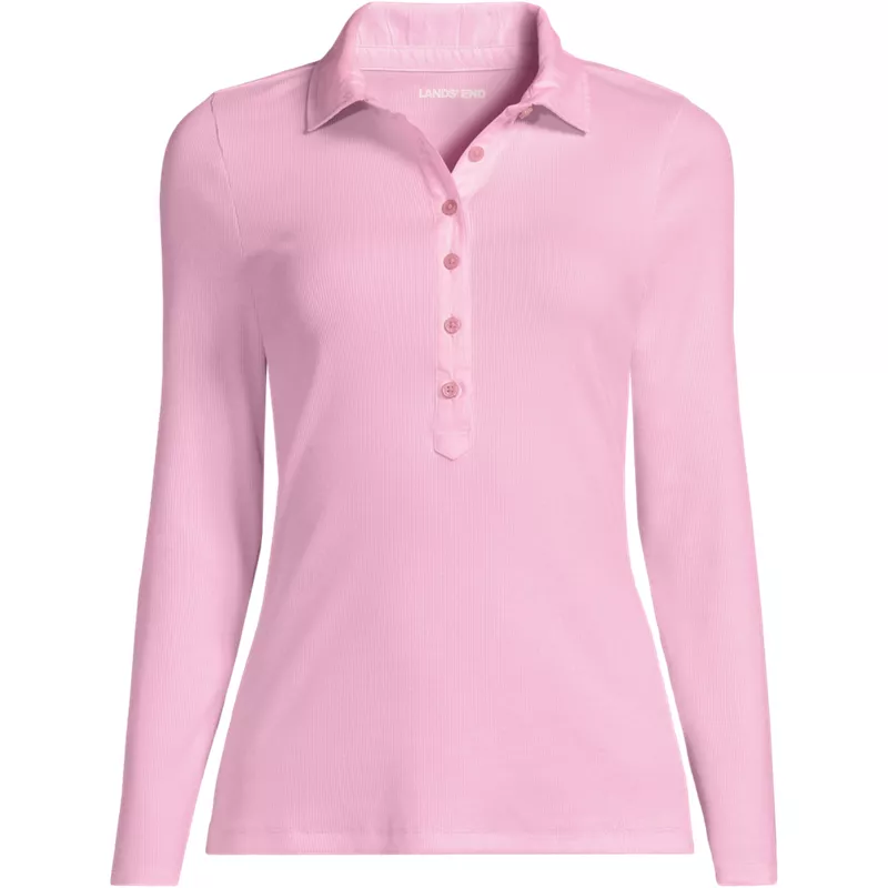 Women's Long Sleeve Micro Rib Woven Collar Polo, Front