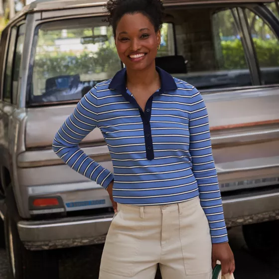 Women's Long Sleeve Micro Rib Woven Collar Polo - primary
