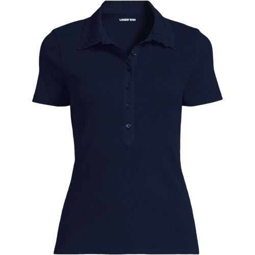 Micro Rib Polo With Woven Collar, Women, size: 2X, plus, Blue, Cotton-blend, by Lands' End