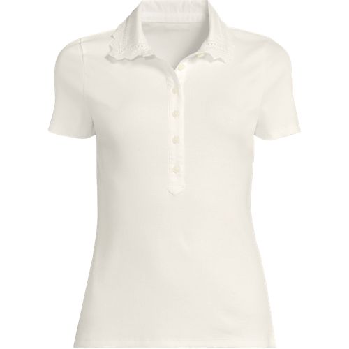 Micro Rib Polo With Woven Collar, Women, size: 2XL, plus, Ivory, Cotton-blend, by Lands' End