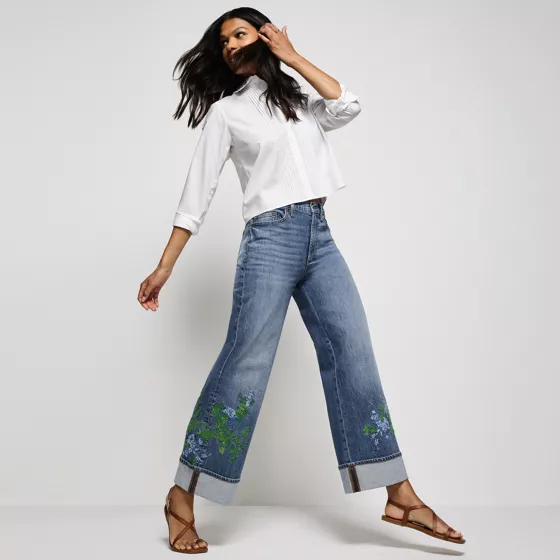 Women's Soft Denim High Rise Wide Leg Embroidery Jeans - primary
