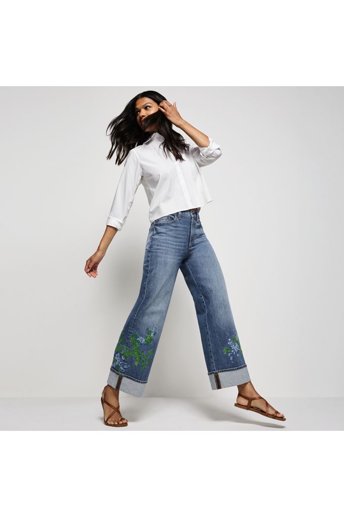 Lands' End Women's Petite Soft Denim High Rise Wide Leg Embroidery Jeans In Blue