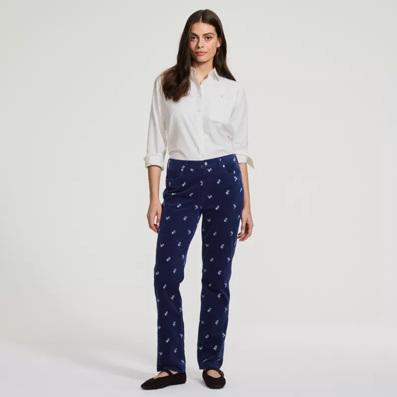 Women's Tall Fine Wale Embroidery Corduroy High Rise Straight Leg Pants, alternative image