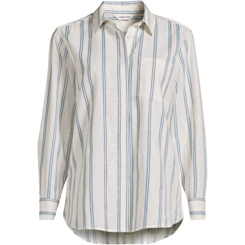 Soft Ease Long Sleeve Linen Blend Shirt, Printed, Women, size: 24, plus, Blue, Cotton/Linen, by Lands' End