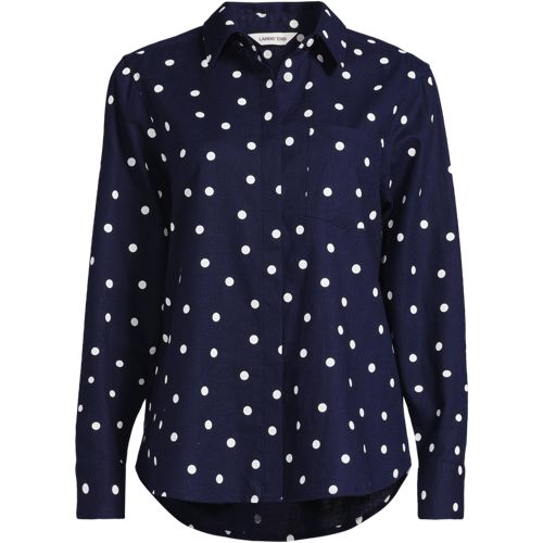 Soft Ease Long Sleeve Linen Blend Shirt, Printed, Women, size: 20, plus, Blue, Cotton/Linen, by Lands' End