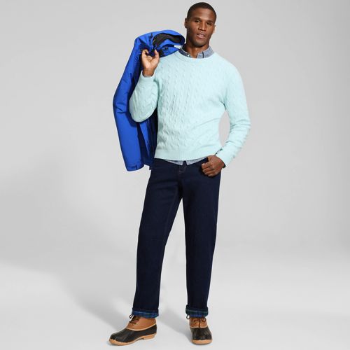 Stretch Comfort Waist Straight Fit Flannel Lined Jeans, Men, size: 33 32, regular, Blue, Spandex/Cotton-blend, by Lands' End