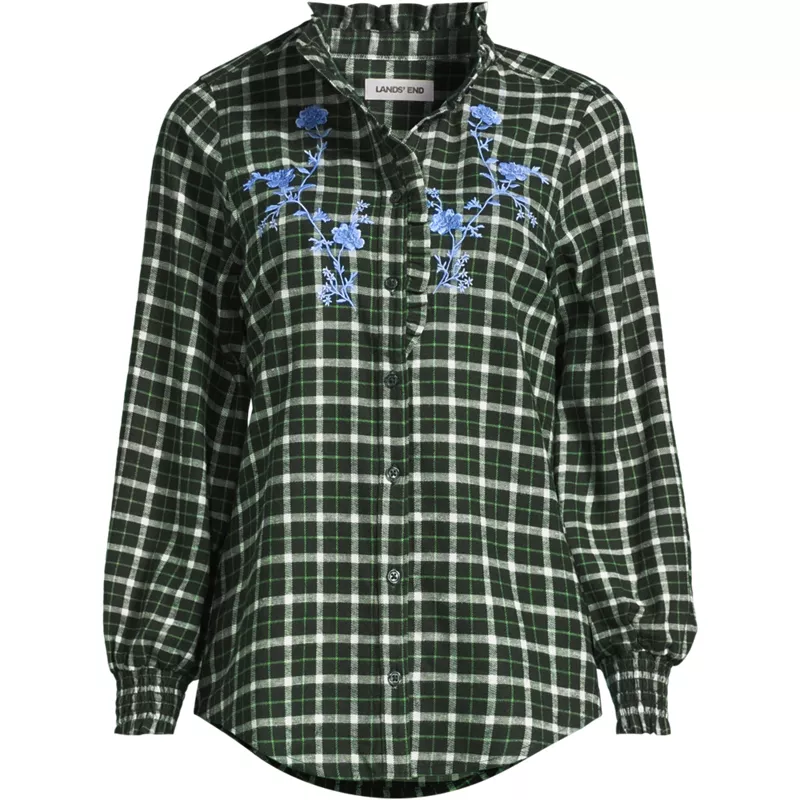 Women's Flannel Ruffle Button Front Top, Front