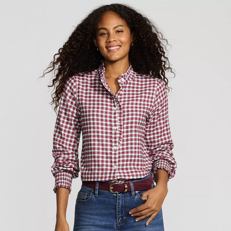 Women's Flannel Ruffle Button Front Top, alternative image