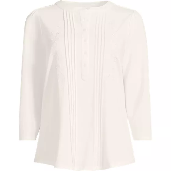 Women's Plus Size 3/4 Sleeve Lightweight Jersey Embroidered Pintuck Blouse - primary