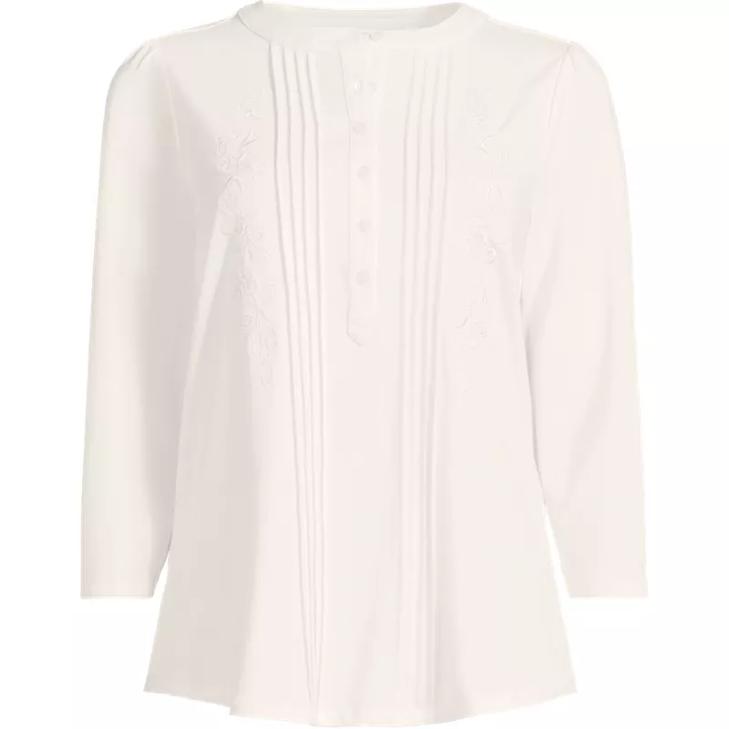 Women's Plus Size 3/4 Sleeve Lightweight Jersey Embroidered Pintuck Blouse, Front