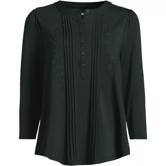 Women's 3/4 Sleeve Lightweight Jersey Embroidered Pintuck Blouse - primary