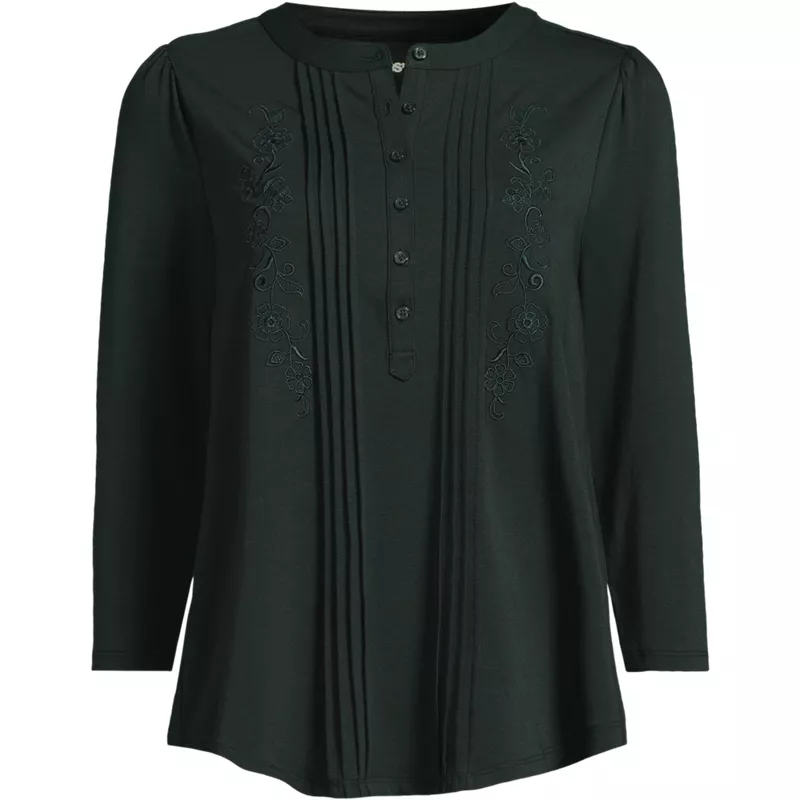 Women's Tall 3/4 Sleeve Lightweight Jersey Embroidered Pintuck Blouse, Front