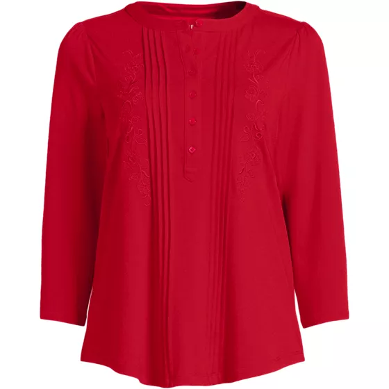 Women's 3/4 Sleeve Lightweight Jersey Embroidered Pintuck Blouse - primary