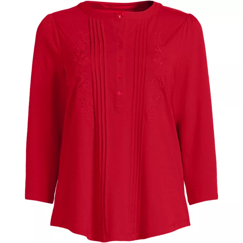 Women's 3/4 Sleeve Lightweight Jersey Embroidered Pintuck Blouse, Front