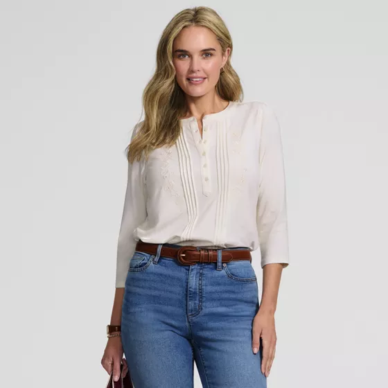 Women's 3/4 Sleeve Lightweight Jersey Embroidered Pintuck Blouse - primary