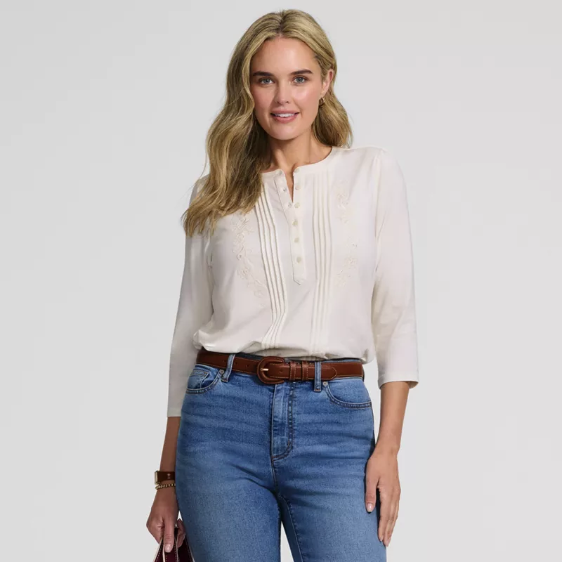 Women's 3/4 Sleeve Lightweight Jersey Embroidered Pintuck Blouse, alternative image
