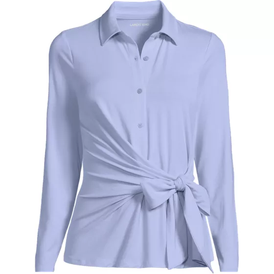 Women's Long Sleeve Lightweight Jersey Adjustable Tie Collar Top - primary
