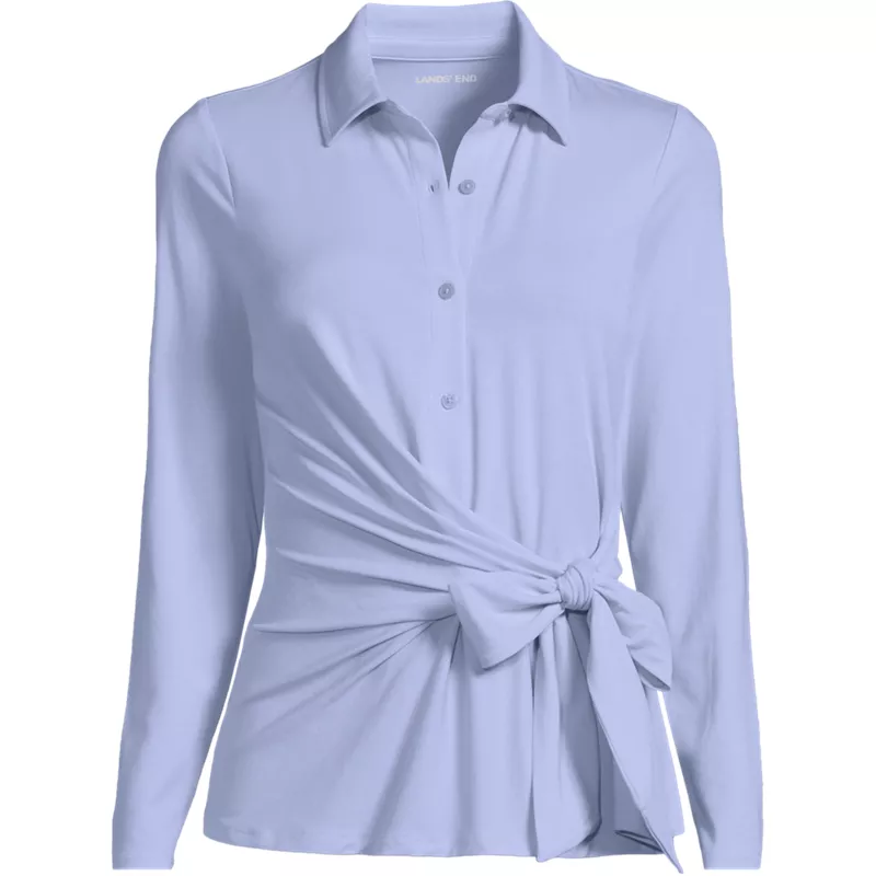 Women's Long Sleeve Lightweight Jersey Adjustable Tie Collar Top, Front