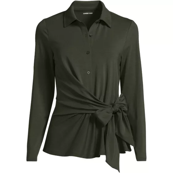 Women's Plus Size Long Sleeve Lightweight Jersey Adjustable Tie Collar Top - primary
