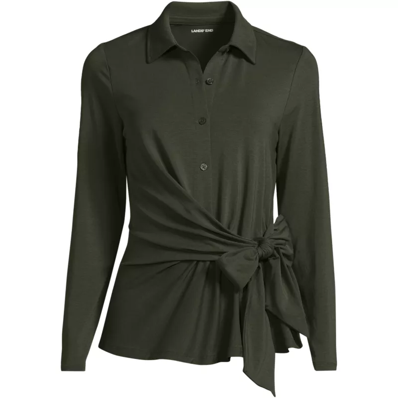 Women's Plus Size Long Sleeve Lightweight Jersey Adjustable Tie Collar Top, Front