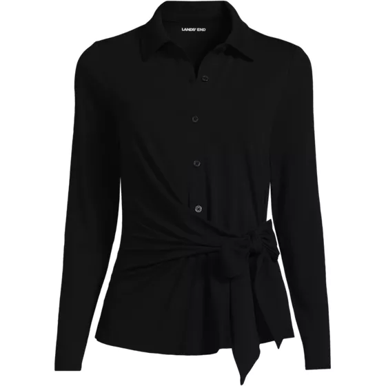 Women's Long Sleeve Lightweight Jersey Adjustable Tie Collar Top - primary