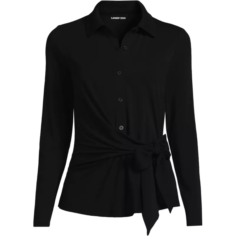Women's Long Sleeve Lightweight Jersey Adjustable Tie Collar Top, Front