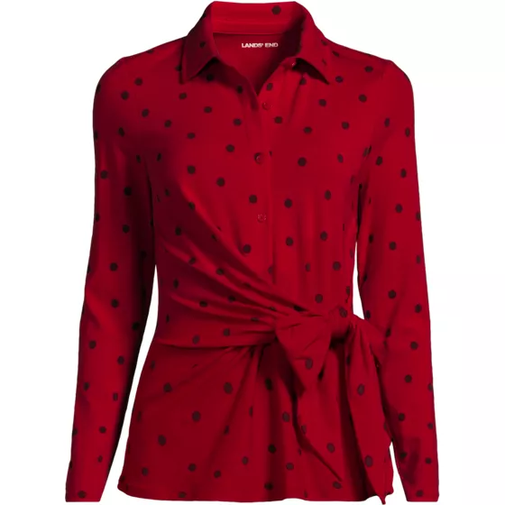 Women's Long Sleeve Lightweight Jersey Adjustable Tie Collar Top - primary