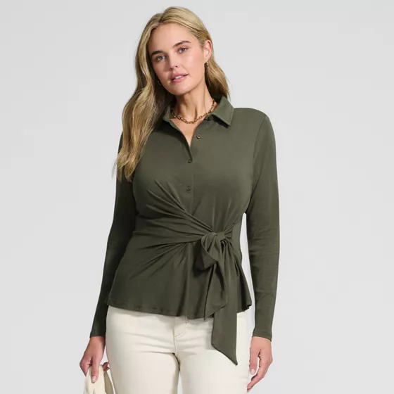 Women's Long Sleeve Lightweight Jersey Adjustable Tie Collar Top - primary