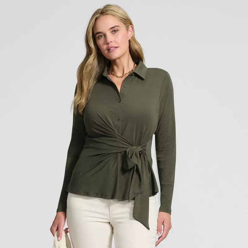 Women's Long Sleeve Lightweight Jersey Adjustable Tie Collar Top, alternative image