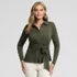 Women's Long Sleeve Lightweight Jersey Adjustable Tie Collar Top, Front