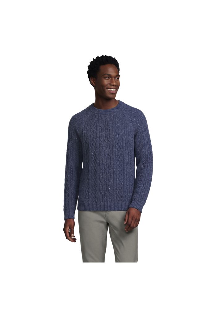 Men's Long Sleeve Cotton Wool Blend Crewneck Sweater - Lands' End - Blue - L