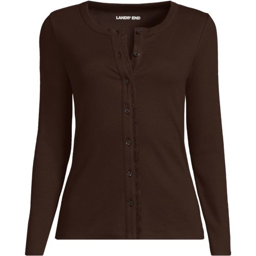 Long Sleeve Micro Rib Lace Button Up Top, Women, size: 3X, plus, Brown, Cotton-blend, by Lands' End