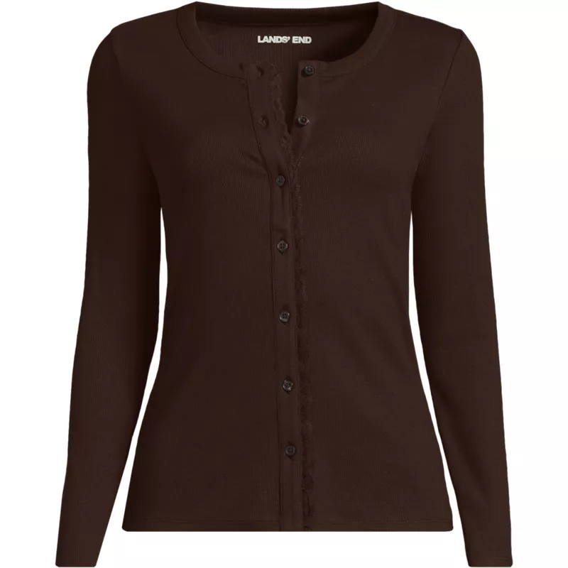 Women's Long Sleeve Micro Rib Lace Trim Button Through Cardigan, Front