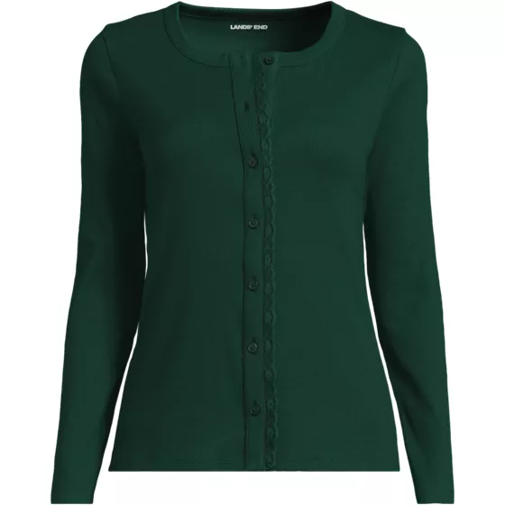 Women's Long Sleeve Micro Rib Lace Trim Button Through Cardigan - primary
