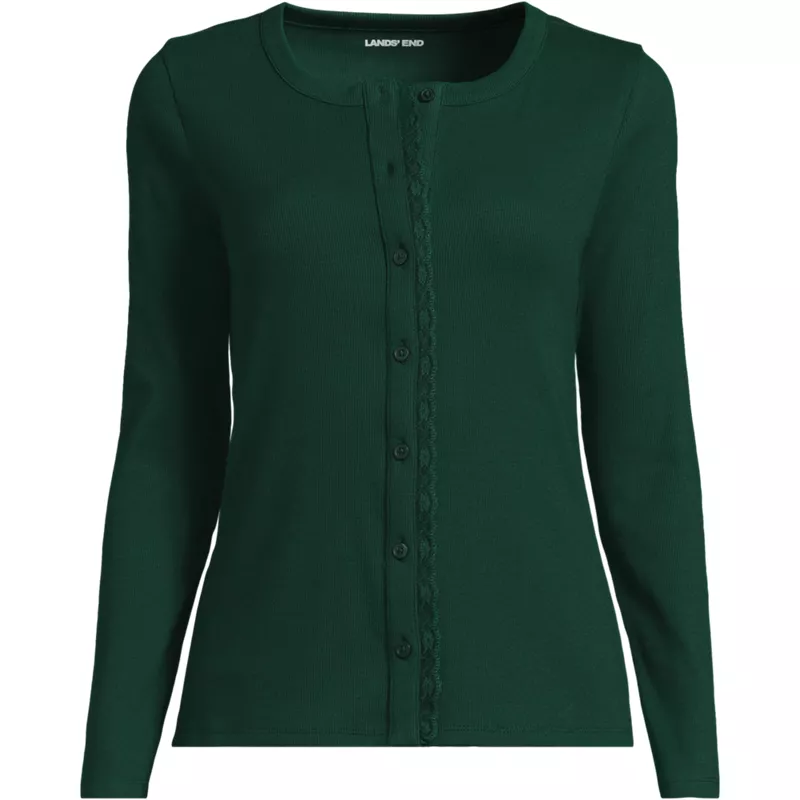 Women's Long Sleeve Micro Rib Lace Trim Button Through Cardigan, Front
