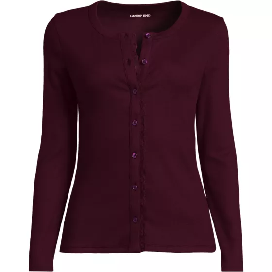Women's Long Sleeve Micro Rib Lace Trim Button Through Cardigan - primary