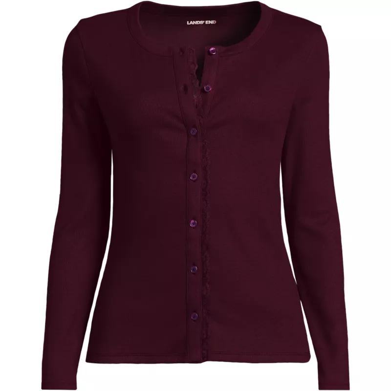 Women's Plus Size Long Sleeve Micro Rib Lace Trim Button Through Cardigan, Front