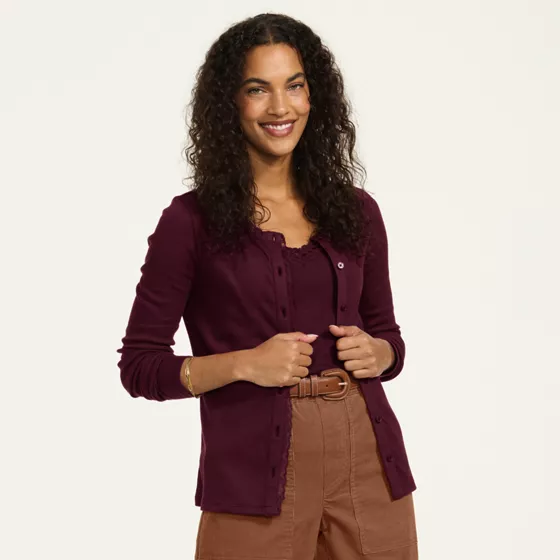 Women's Long Sleeve Micro Rib Lace Trim Button Through Cardigan - primary
