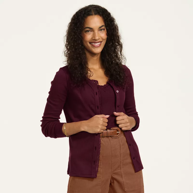 Women's Long Sleeve Micro Rib Lace Trim Button Through Cardigan, alternative image