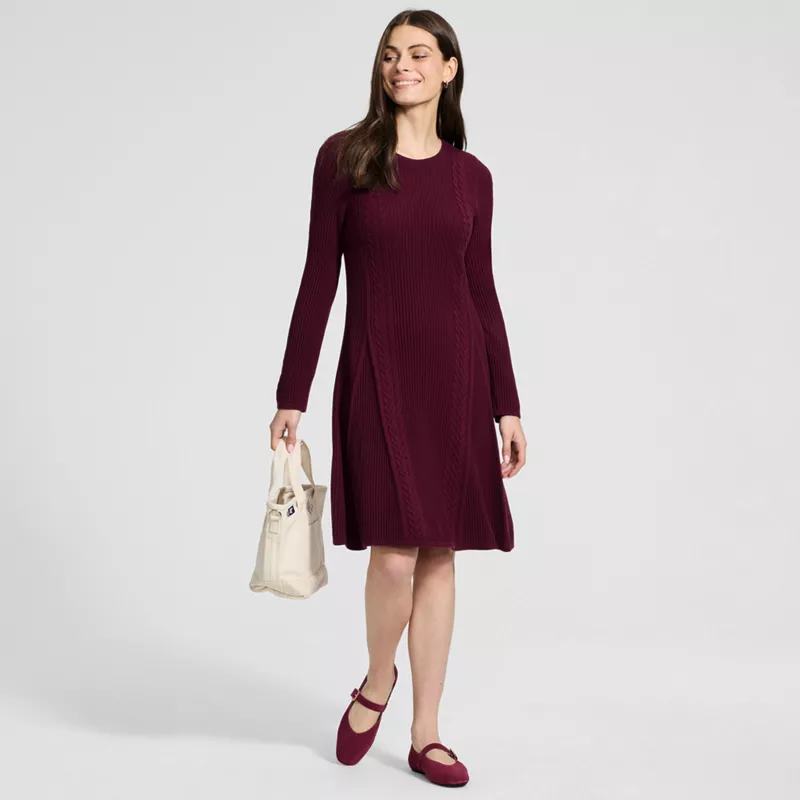 Women's Cotton Blend Cable Fit and Flare Mini Sweater Dress, alternative image