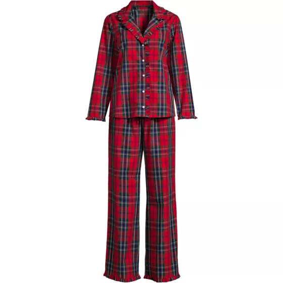 Women's Cotton Poplin Ruffle 2 Piece Pajama Set - Long Sleeve Top and Pants - primary